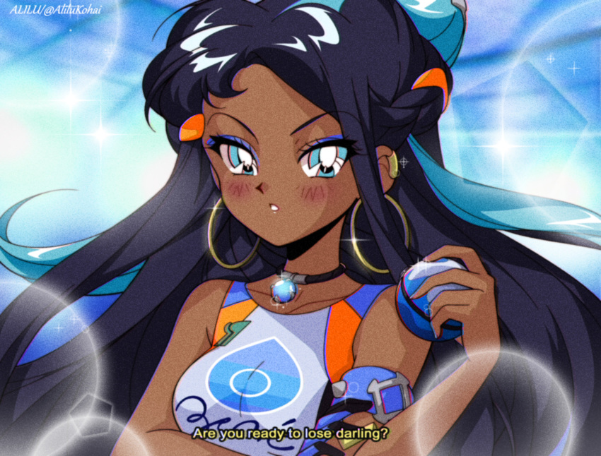 1girl 90s absurdres alilu-chan armband artist_name bare_shoulders black_hair blue_eyes blue_hair blush commentary dark_skin ear_clip english_commentary english_text eyebrows_visible_through_hair eyes_visible_through_hair glint highres holding holding_poke_ball jewelry long_hair looking_at_viewer multicolored_hair oldschool parted_lips pendant poke_ball pokemon pokemon_(game) pokemon_swsh rurina_(pokemon) shirt sleeveless sleeveless_shirt solo sparkle subtitled twitter_username two-tone_hair upper_body v-shaped_eyebrows