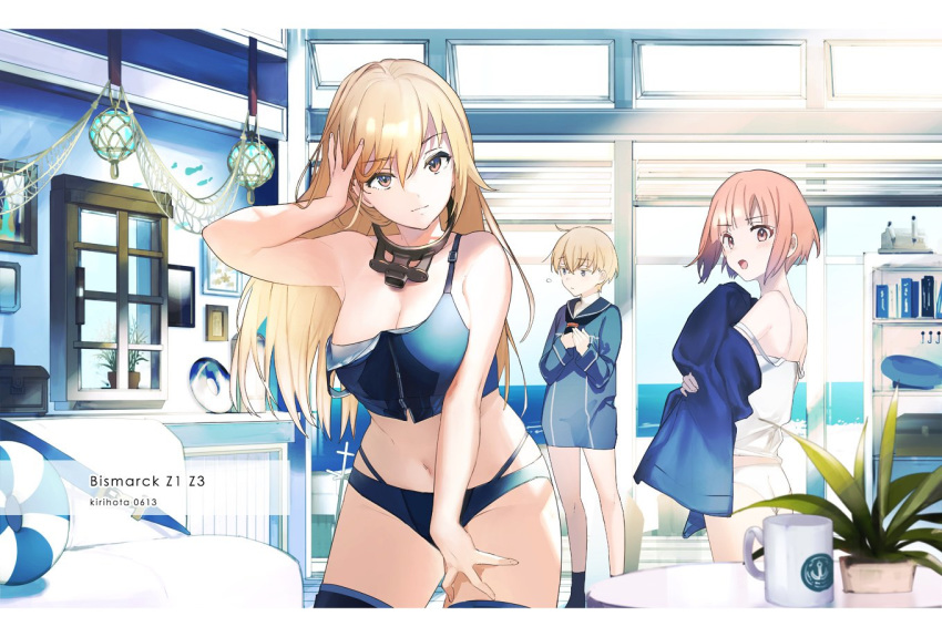 3girls bangs bismarck_(kantai_collection) blonde_hair breasts brown_eyes brown_hair character_name cleavage dated dress indoors kantai_collection kirihota long_hair morning multiple_girls navel plant sailor_collar sailor_dress short_hair signature window z1_leberecht_maass_(kantai_collection) z3_max_schultz_(kantai_collection)