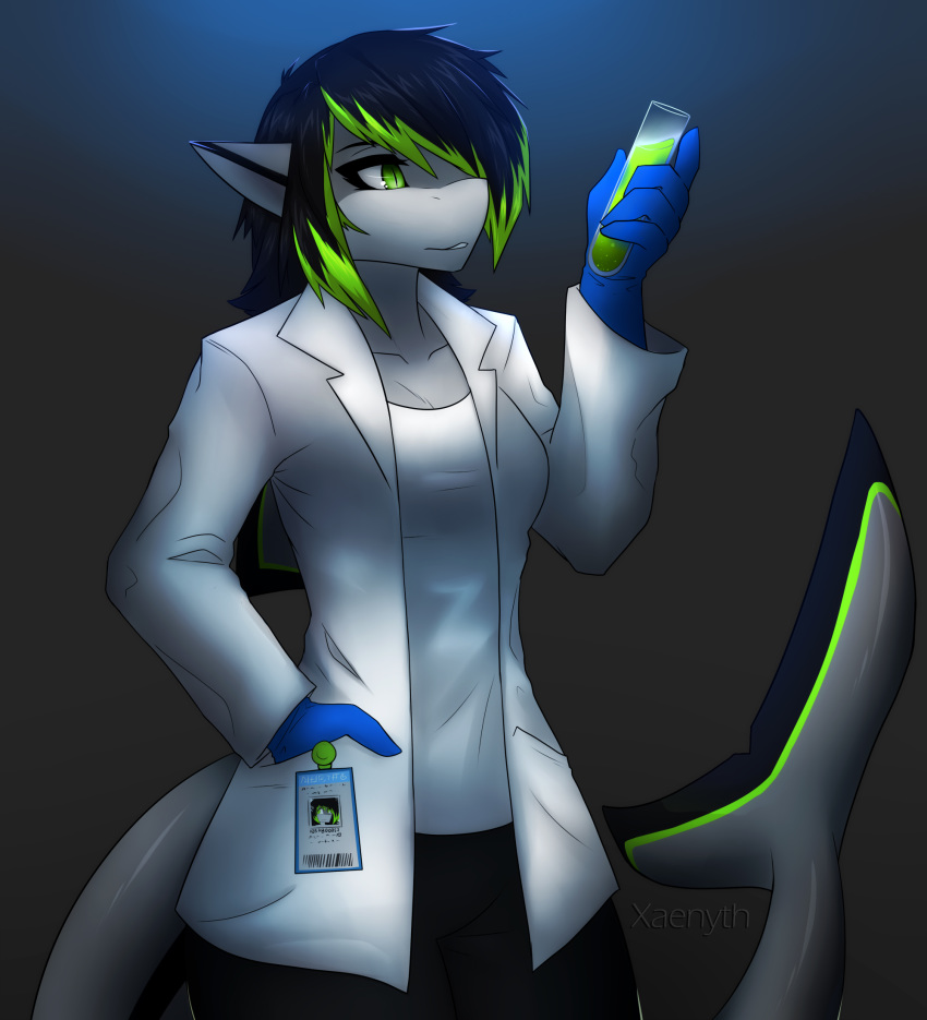 anthro clothed clothing female fish hair hi_res lab_coat marine potion shark simple_background solo standing test_tube xaenyth