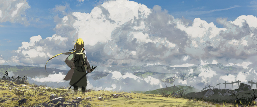 1girl asuteroid backpack bag bird blonde_hair cloud cloudy_sky day fence from_behind grass hand_on_hip highres holding horizon iris_(asuteroid) long_hair long_ponytail low_ponytail neon_trim original outdoors rock scenery sky solo standing very_long_hair walking_stick wide_shot