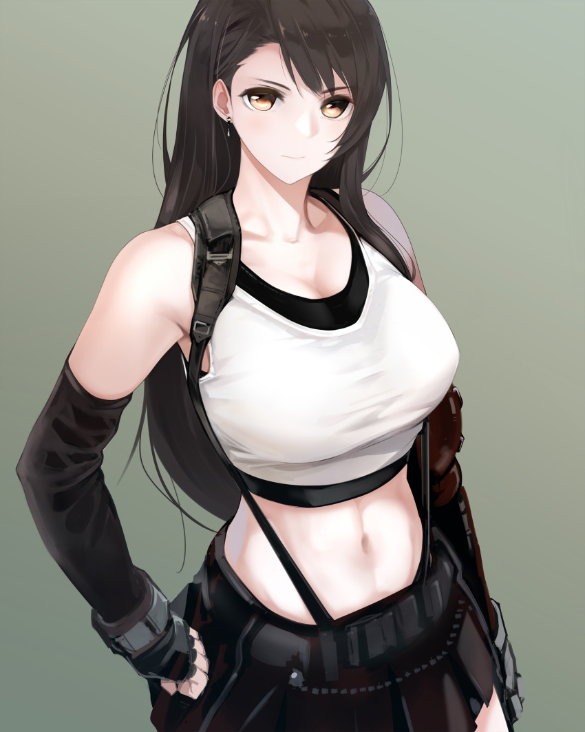 1girl bare_shoulders belt black_gloves black_hair black_skirt breasts brown_eyes cleavage closed_mouth collarbone commentary_request earrings elbow_gloves final_fantasy final_fantasy_vii fingerless_gloves giba_(out-low) gloves gradient gradient_background hand_on_hip highres jewelry large_breasts long_hair looking_at_viewer midriff miniskirt navel pleated_skirt shirt skirt sleeveless sleeveless_shirt solo suspenders tank_top tifa_lockhart upper_body white_shirt