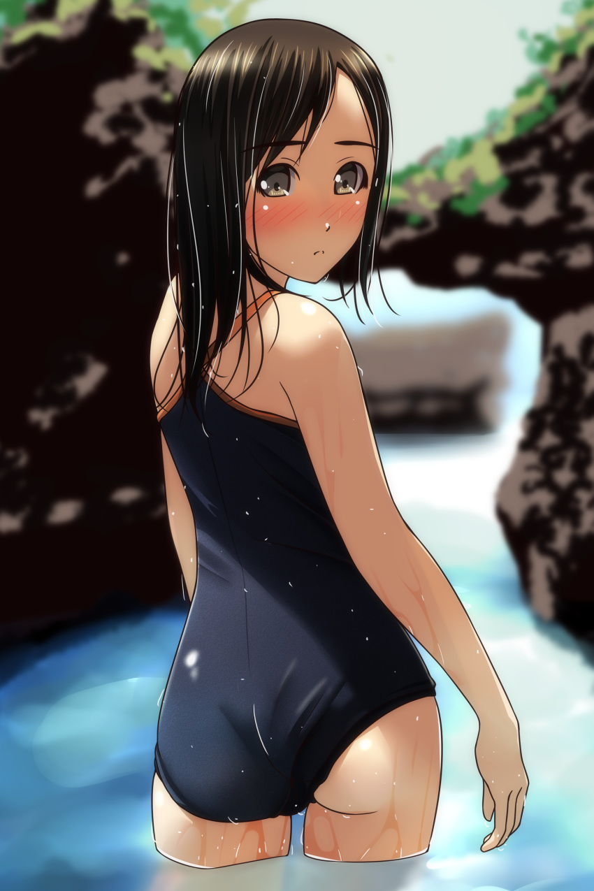 1girl absurdres ass bangs bare_arms bare_shoulders black_hair black_swimsuit blurry blurry_background blush brown_eyes closed_mouth cowboy_shot day depth_of_field eyebrows_visible_through_hair forehead highres light_frown long_hair looking_at_viewer looking_back matsunaga_kouyou nose_blush one-piece_swimsuit original outdoors parted_bangs solo swimsuit wading water wet