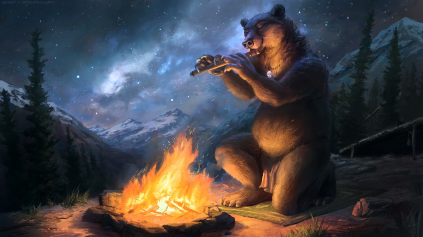 16:9 2019 ambiguous_gender anthro belly claws clothed clothing detailed detailed_background digital_media_(artwork) eyes_closed fire flute forest fur jewelry kenket kneeling loincloth mammal mountain musical_instrument necklace night outside playing_music sky snow solo spectrumshift star topless tree tribal ursid wood