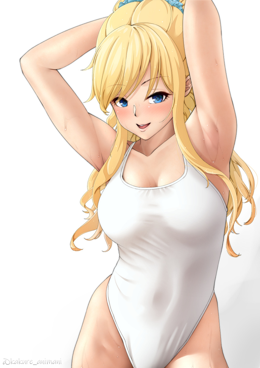 1girl absurdres armpits arms_up artist_name bangs bare_arms bare_shoulders blonde_hair blue_eyes blue_scrunchie blush breasts cleavage collarbone commentary_request competition_swimsuit cowboy_shot eyebrows_visible_through_hair hair_ornament hair_scrunchie highres idolmaster idolmaster_cinderella_girls kakure_animani large_breasts long_hair looking_at_viewer navel one-piece_swimsuit ootsuki_yui open_mouth scrunchie simple_background smile solo swimsuit wavy_hair wet wet_clothes white_background