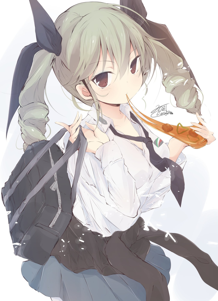 anchovy anzio_school_uniform bag bangs black_neckwear black_ribbon black_skirt breasts brown_eyes clothes_around_waist collarbone commentary_request drill_hair food getsumen_suibaku_ver._a(c) girls_und_panzer green_hair hair_between_eyes hair_ribbon highres jacket_around_waist long_hair long_sleeves looking_at_viewer loose_necktie medium_breasts necktie pizza pleated_skirt ribbon school_bag school_uniform shirt skirt twin_drills twintails unbuttoned unbuttoned_shirt white_background white_shirt