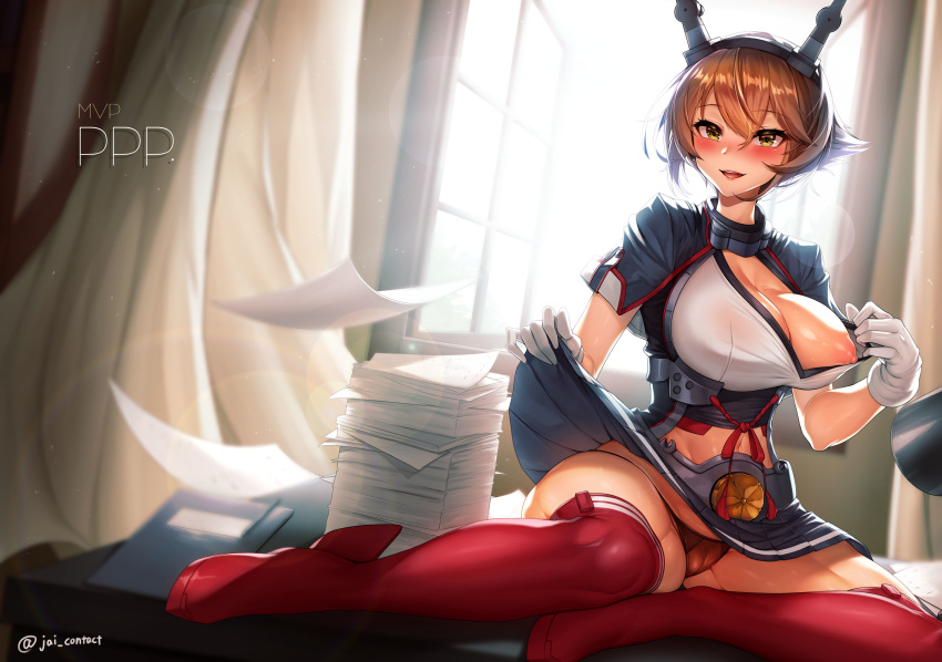 1girl absurdres backlighting bare_shoulders blush breasts brown_hair curtains gloves green_eyes hair_between_eyes hairband headgear highres jai_(whany1998) kantai_collection large_breasts legs looking_at_viewer midriff miniskirt mutsu_(kantai_collection) navel nipple_slip nipples open_window panties paper partially_submerged pleated_skirt red_legwear red_panties short_hair skirt skirt_lift smile thighhighs thighs underbust underwear white_gloves window