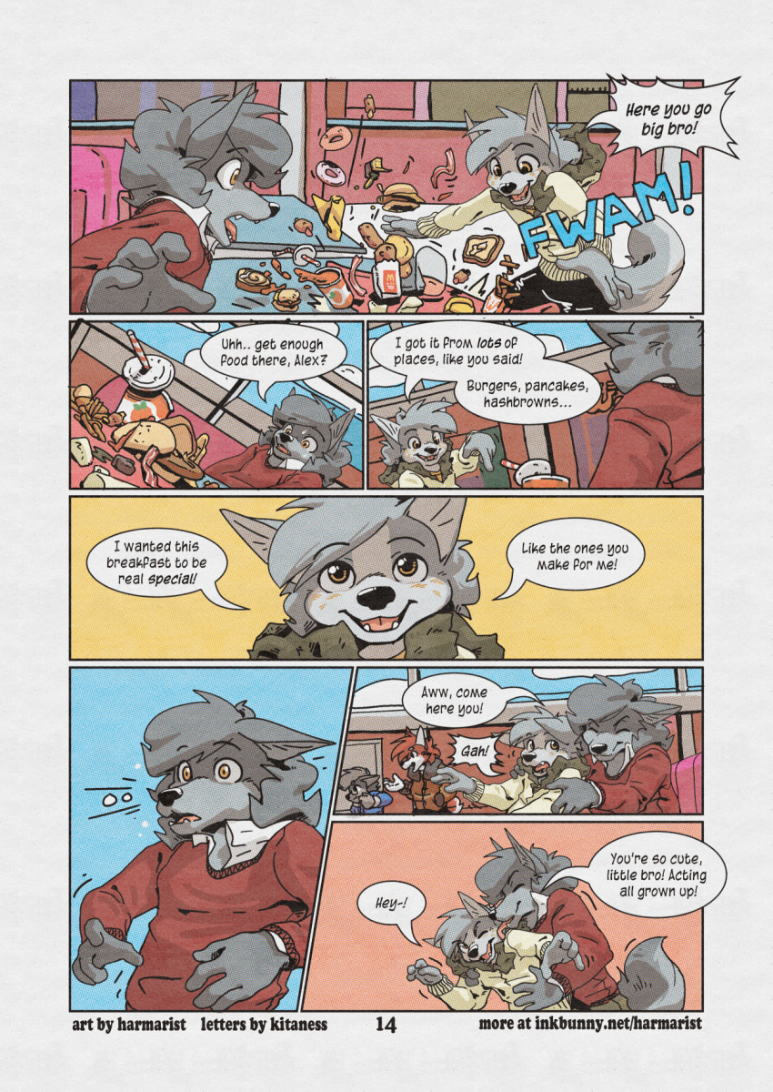 2019 age_difference alex_(harmarist) brother/brother clothed clothing comic cub english_text food harmarist hi_res incest licking_cheek male male/male mammal text will_(harmarist) young