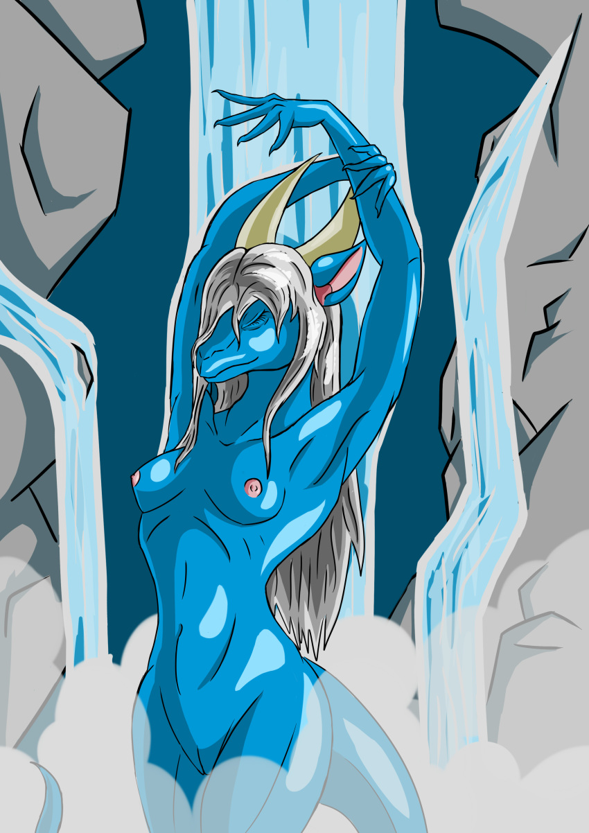 absurd_res anthro bathing breasts claws crystal_knight_(artist) dragon fan_character female hi_res invalid_tag nipples pussy scalie solo water waterfall