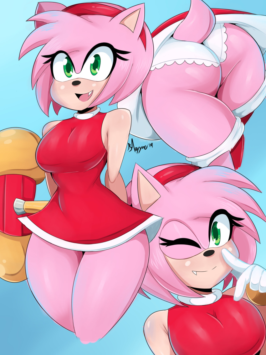 2019 3:4 accessory amy_rose anthro black_nose bmayyneart butt clothed clothing cute_fangs eulipotyphlan eyelashes female green_eyes hair hair_accessory hairband hedgehog hi_res looking_at_viewer mammal one_eye_closed open_mouth open_smile panties pink_hair short_hair signature simple_background smile solo sonic_(series) underwear wink