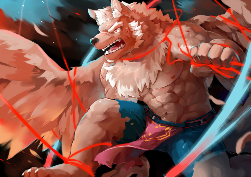 abs anthro biceps bottomwear bulge canid canine canis clothed clothing demon feathered_wings feathers hair hi_res male mammal marchosias mowang_yu muscular muscular_male navel nipples pecs red_eyes scar solo tokyo_afterschool_summoners topless video_games white_hair wings wolf