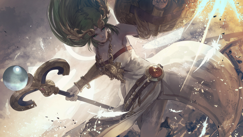 1girl bare_shoulders bracer breasts cleavage cloud dress feathers goddess green_eyes green_hair highres holding holding_staff jewelry kid_icarus kid_icarus_uprising kumamoto_nomii-kun long_hair necklace outdoors palutena shield side_slit solo staff strapless strapless_dress super_smash_bros. thighhighs tiara white_dress white_legwear
