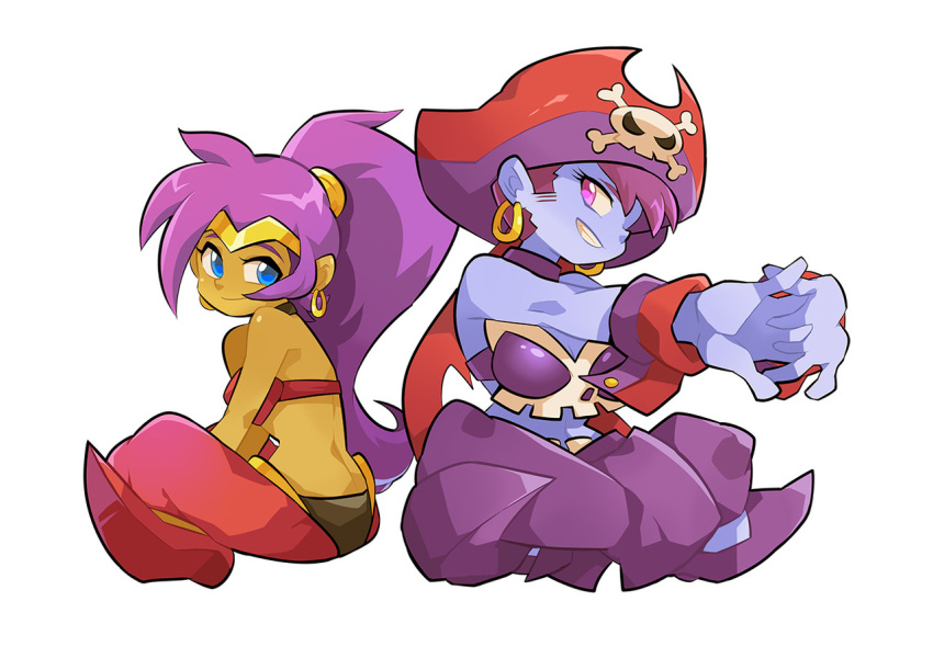 arabian_clothes bicorne dark_skin earrings harem_pants hat hoop_earrings jewelry pants pirate_hat pointy_ears pointy_shoes purple_hair risky_boots shantae_(character) shantae_(series) shantae_5 shoes skull_and_crossbones tiara vambraces wong_ying_chee