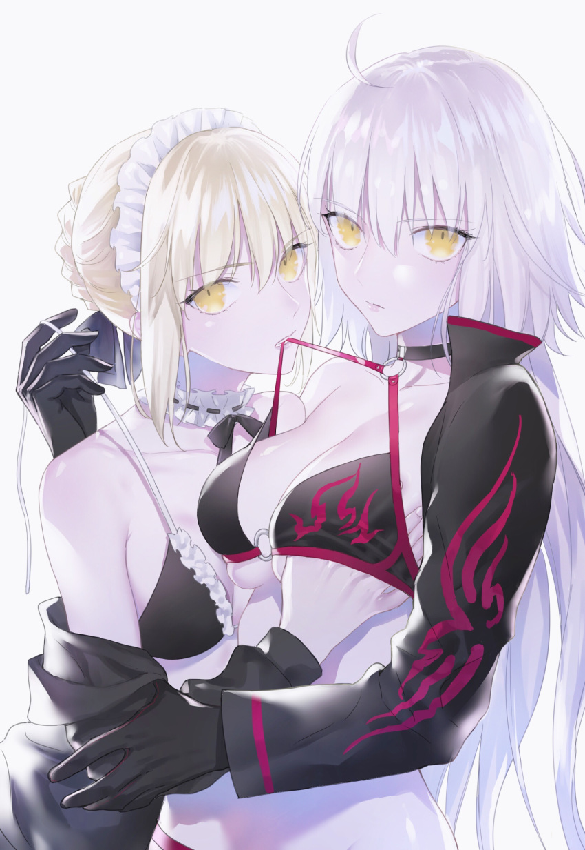 2girls ahoge artoria_pendragon_(all) artoria_pendragon_(swimsuit_rider_alter) bangs bare_shoulders bikini black_bikini black_gloves blonde_hair breast_grab closed_mouth commentary_request eyebrows_visible_through_hair fate/grand_order fate_(series) frilled_bikini frills gloves grabbing hair_between_eyes highres jeanne_d'arc_(alter_swimsuit_berserker) jeanne_d'arc_(fate)_(all) long_sleeves looking_at_viewer maid_headdress mouth_hold multiple_girls nipi27 o-ring o-ring_bikini off_shoulder pale_skin parted_lips short_hair sidelocks simple_background single_bare_shoulder skirt skirt_lift strap_lift swimsuit untied untied_bikini upper_body white_background yellow_eyes yuri