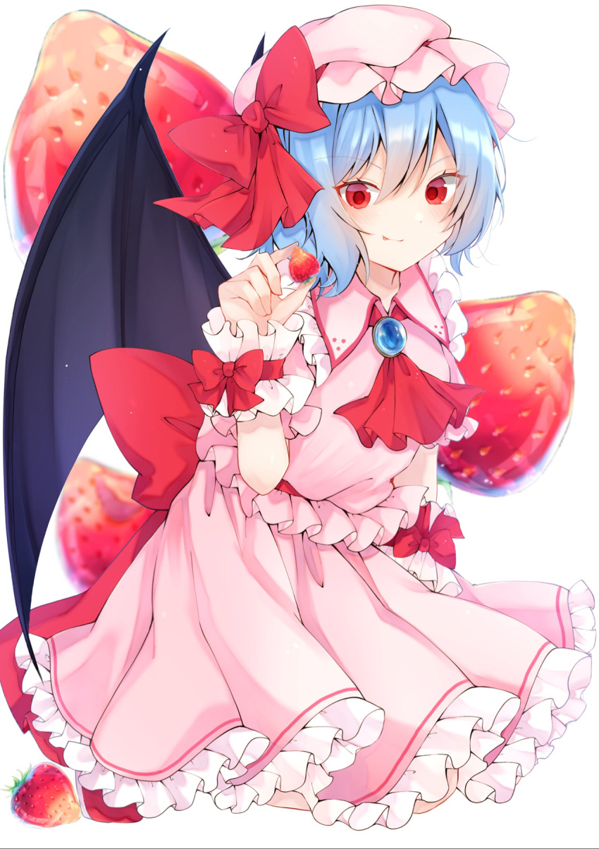 1girl :p arm_up bangs bat_wings blue_hair brooch cravat eyebrows_visible_through_hair food frilled_shirt_collar frilled_skirt frills fruit fruit_background hair_between_eyes hat highres holding holding_food holding_fruit jewelry looking_at_viewer mob_cap petticoat pink_headwear pink_shirt pink_skirt red_eyes red_neckwear remilia_scarlet shirt short_hair sitting skirt skirt_set smile solanikieru solo strawberry tongue tongue_out touhou wariza white_background wings wrist_cuffs