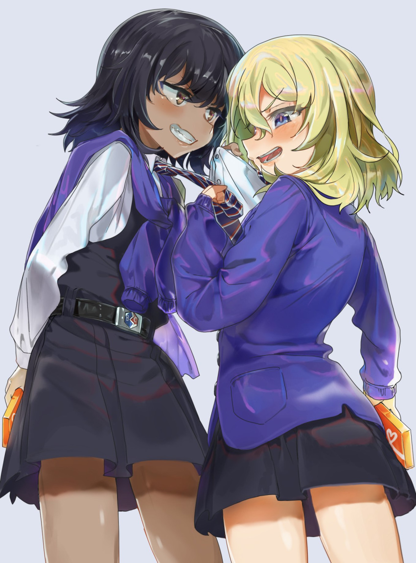 2girls andou_(girls_und_panzer) angry arm_behind_back bangs bc_freedom_school_uniform belt belt_buckle black_belt black_hair black_skirt black_vest blonde_hair blue_eyes blue_neckwear blue_sweater blush brown_eyes buckle cardigan chocolate_bar commentary cowboy_shot dark_skin diagonal_stripes dress_shirt embarrassed eyebrows_visible_through_hair frown girls_und_panzer glaring grey_background grimace highres holding_chocolate long_sleeves looking_at_another medium_hair messy_hair miniskirt multiple_girls necktie necktie_grab neckwear_grab object_behind_back open_mouth oshida_(girls_und_panzer) pleated_skirt school_uniform shirt shirt_grab skirt standing striped sweater sweater_around_neck veerinly vest white_shirt wing_collar