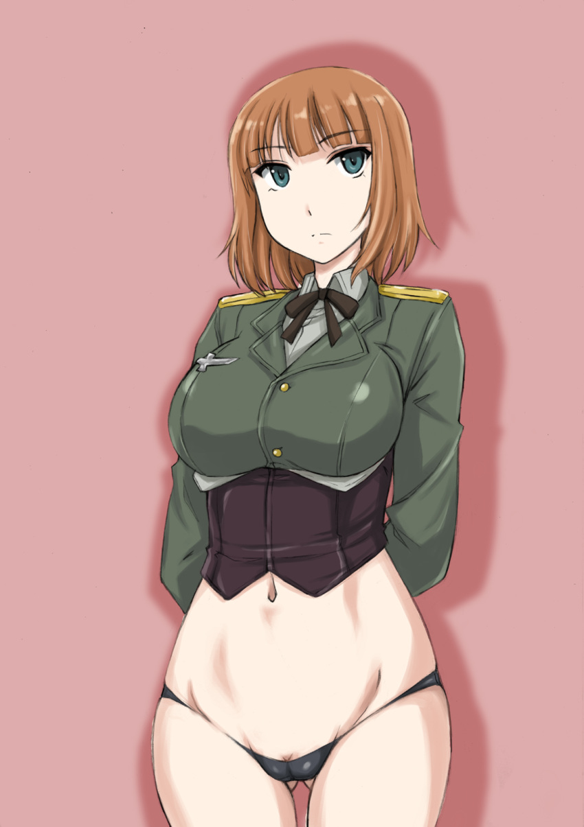 1girl arms_behind_back ass_visible_through_thighs black_neckwear black_panties blue_eyes brave_witches breasts brown_hair closed_mouth commentary_request cowboy_shot dress_shirt eyebrows_visible_through_hair green_jacket grey_shirt gundula_rall highres jacket large_breasts light_frown long_sleeves looking_at_viewer lowleg lowleg_panties midriff military military_uniform navel neck_ribbon no_pants panties partial_commentary pink_background pussy_peek ribbon shirt short_hair simple_background skindentation solo standing thighs underbust underwear uniform wan'yan_aguda wing_collar world_witches_series
