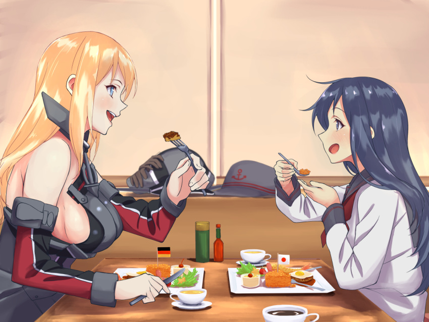 2girls akatsuki_(kantai_collection) anchor anchor_symbol bangs bismarck_(kantai_collection) blonde_hair blue_eyes blush breastplate breasts brown_gloves coffee commentary_request cup detached_sleeves eating facing_another flat_cap food fork from_side german_flag gloves gloves_removed hat hat_removed headwear_removed holding holding_fork holding_spoon japanese_flag kantai_collection large_breasts long_hair machinery messy_hair military military_hat military_uniform mini_flag multiple_girls neckerchief okosama_lunch open_mouth peaked_cap purple_eyes purple_hair red_neckwear sailor_collar school_uniform serafuku shingyo sideboob sitting spoon uniform