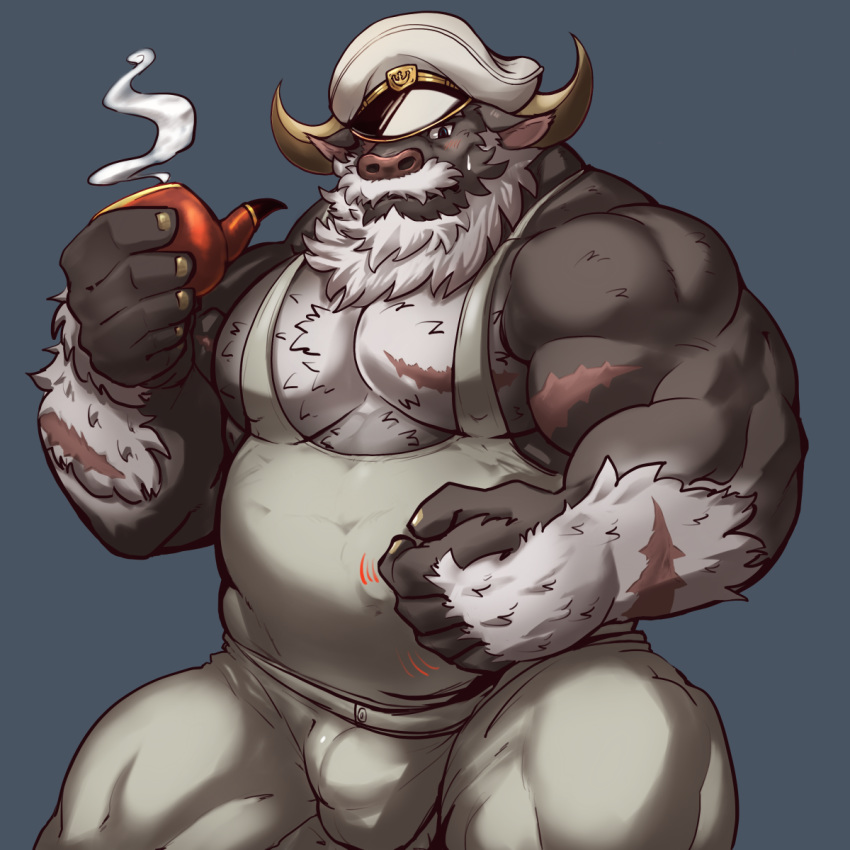 1:1 ahab_(tas) anthro biceps blue_eyes blush body_hair bottomwear bovid bovine bulge chest_hair clothed clothing grey_background hat headgear headwear hi_res hors istani male mammal pecs scar simple_background solo tokyo_afterschool_summoners topwear triceps true_buffalo video_games water_buffalo