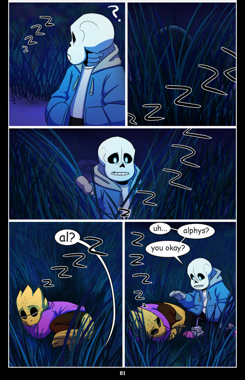 absolutedream alphys animated_skeleton bone comic comic_sans dialogue english_text eyewear goggles grass hi_res lizard reptile sans_(undertale) scalie skeleton sleeping text undead undertale video_games