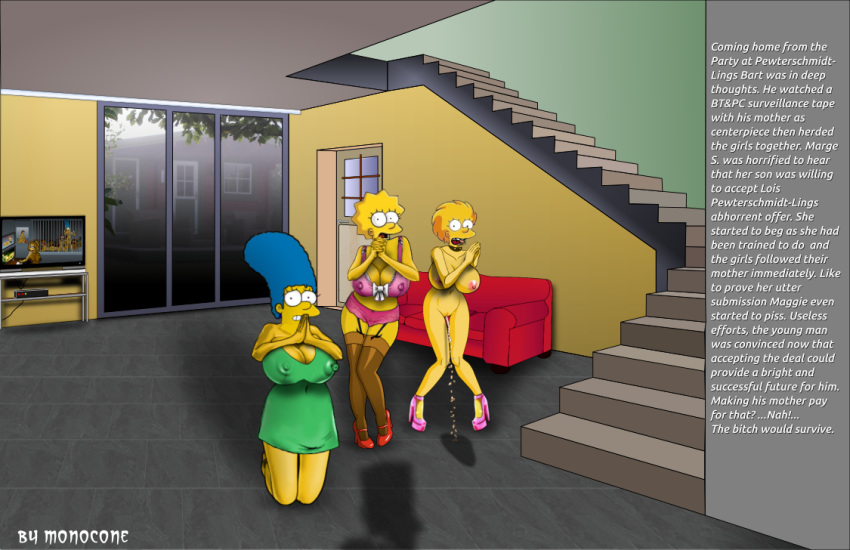 aged_up big_breasts breasts clothing female huge_breasts human human_only legwear lisa_simpson maggie_simpson mammal marge_simpson monocone not_furry peeing shaved_pussy stockings the_simpsons urine