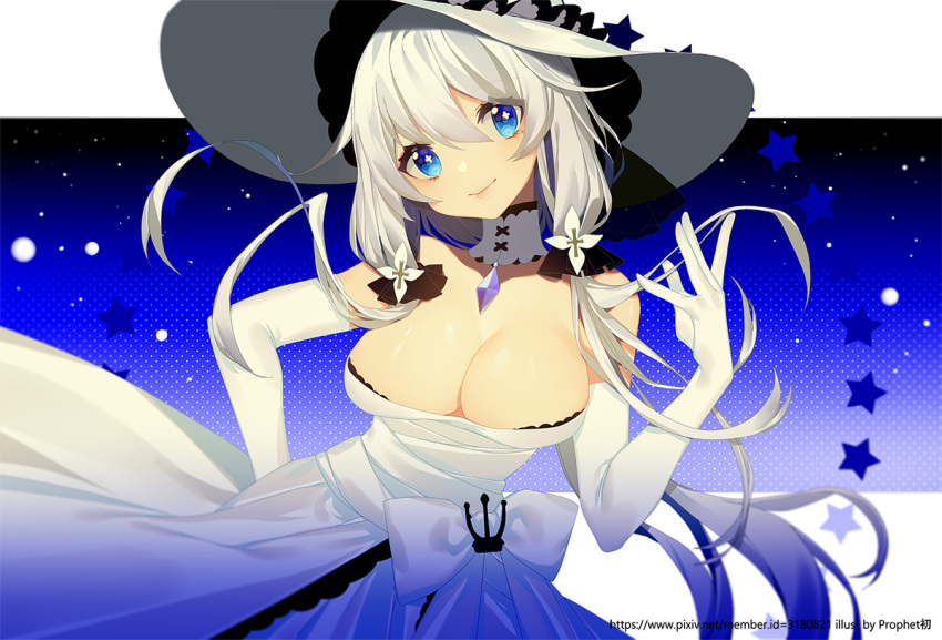 1girl artist_name azur_lane bangs black_ribbon blue_eyes blush bow breasts cleavage closed_mouth dress elbow_gloves eyebrows_visible_through_hair flower gloves hair_between_eyes hair_flower hair_ornament hair_ribbon hand_up hat head_tilt illustrious_(azur_lane) large_breasts long_hair low_twintails prophet_chu ribbon silver_hair smile solo star strapless strapless_dress twintails very_long_hair watermark web_address white_bow white_dress white_flower white_gloves white_headwear