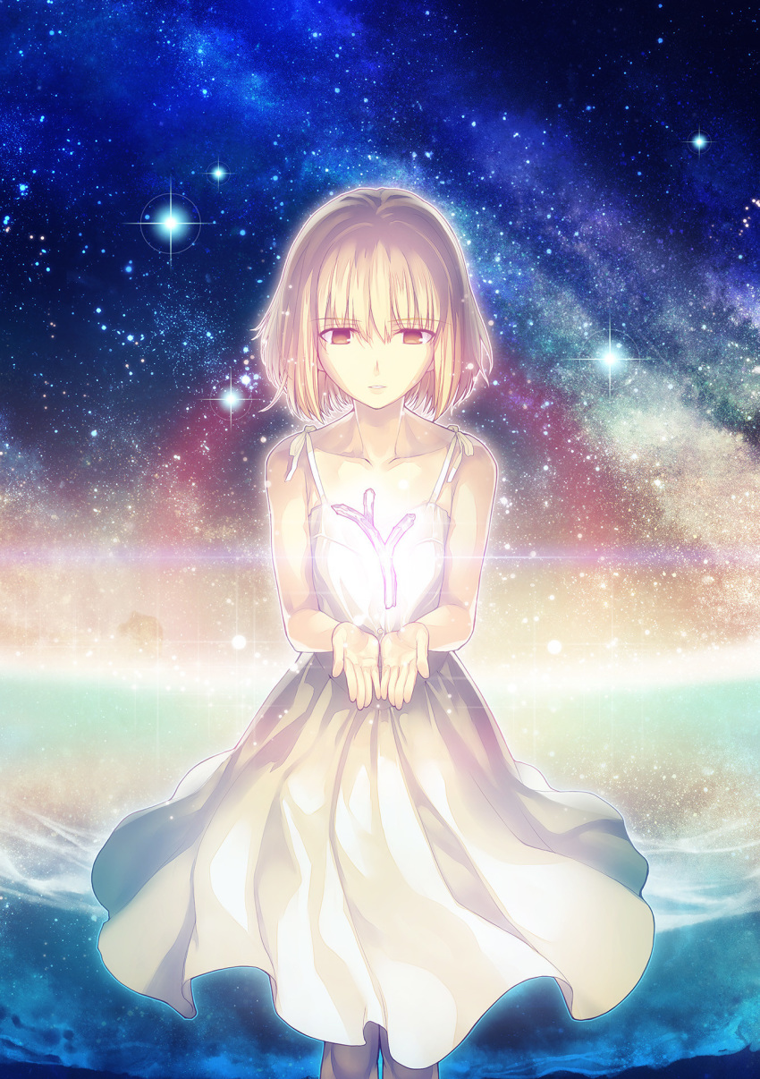 1girl bangs bare_shoulders blonde_hair coral dress eyebrows_visible_through_hair feet_out_of_frame floating floating_object highres looking_down nebula night night_sky official_art outdoors sasaki_shounen short_hair sky sleeveless sleeveless_dress solo spaghetti_strap star_(sky) starry_sky storyteller_girl_(tsuki_no_sango) tsuki_no_sango type-moon water white_dress yellow_eyes