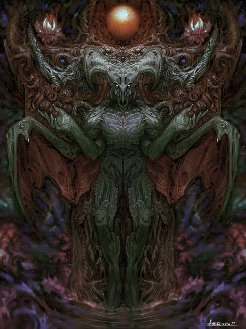 2019 5_fingers amenlona anthro deity digital_media_(artwork) hi_res looking_at_viewer nude partially_submerged standing water