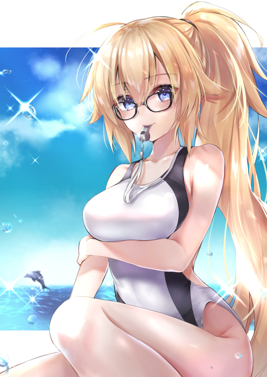 1girl ahoge black-framed_eyewear blonde_hair blue_eyes blush breast_hold breasts cloud collarbone commentary_request competition_swimsuit day dolphin eyebrows_visible_through_hair fate/grand_order fate_(series) glasses hair_between_eyes hane_yuki highres jeanne_d'arc_(fate)_(all) jeanne_d'arc_(swimsuit_archer) large_breasts long_hair looking_at_viewer ocean one-piece_swimsuit smile solo sparkle swimsuit thighs very_long_hair whistle whistle_around_neck