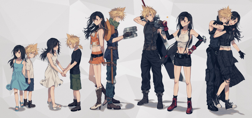 1boy 1girl age_progression back-to-back black_footwear black_hair black_shirt black_skirt blonde_hair blue_dress blue_eyes blue_shorts blush boots breasts buster_sword closed_eyes cloud_strife collarbone commentary cowboy_hat crop_top dress facing_another final_fantasy final_fantasy_vii final_fantasy_vii_advent_children fingerless_gloves full_body gloves green_shorts grey_background gun hat highres holding holding_gun holding_hands holding_weapon hug hug_from_behind humiyooo large_breasts long_hair low-tied_long_hair open_mouth orange_skirt pencil_skirt red_eyes shirt shoes short_sleeves shorts simple_background skirt sleeveless smile sneakers suspenders tifa_lockhart uniform weapon white_dress white_footwear white_shirt younger