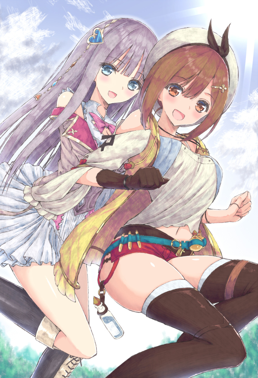 2girls :d aramachi atelier_(series) atelier_lulua atelier_ryza bangs belt blue_eyes blunt_bangs boots bow bowtie breasts brown_eyes brown_hair cleavage cleavage_cutout corset cross-laced_footwear crossover detached_sleeves elmerulia_fryxell eyebrows_visible_through_hair frills gloves grey_hair hair_ornament hairband hairclip hat heart highres jewelry knee_boots long_hair looking_at_viewer multiple_girls navel necklace open_mouth pink_bow red_shorts reisalin_stout round-bottom_flask short_hair short_shorts shorts single_glove skindentation skirt smile thick_thighs thigh_boots thighhighs thighs white_headwear white_legwear