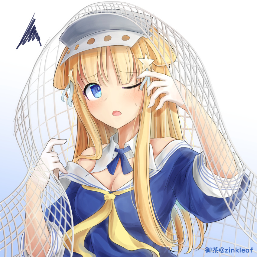 1girl absurdres blonde_hair blue_background blue_eyes blue_shirt breasts cargo_net chinese_commentary cleavage commentary_request double_bun fletcher_(kantai_collection) gloves gradient gradient_background hair_ornament hairband highres kantai_collection large_breasts long_hair looking_at_viewer neckerchief off_shoulder one_eye_closed remodel_(kantai_collection) sailor_collar school_uniform serafuku shirt solo star star_hair_ornament upper_body white_background white_gloves white_sailor_collar yellow_neckwear yu_cha