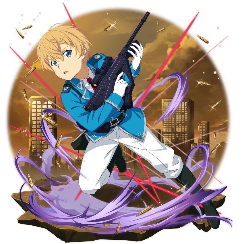 1boy belt belt_buckle black_belt black_footwear blonde_hair blue_jacket boots buckle bullet collared_shirt eugeo full_body gloves green_eyes gun hair_between_eyes highres holding holding_gun holding_weapon jacket looking_at_viewer male_focus military military_jacket military_uniform necktie official_alternate_costume official_art open_mouth pants red_neckwear rifle shirt solo sword_art_online transparent_background uniform weapon white_gloves white_pants white_shirt wing_collar