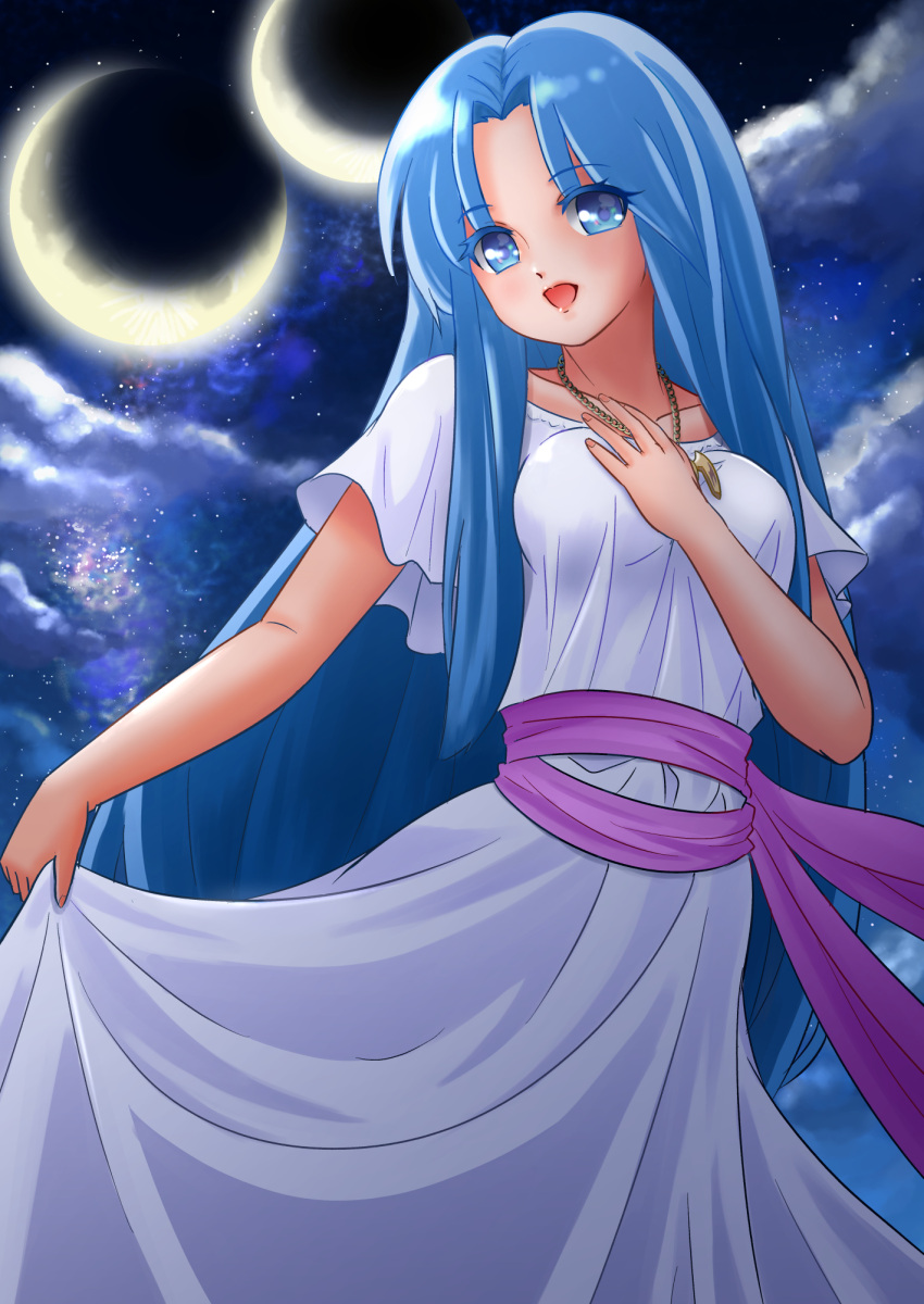 1girl ancient_ys_vanished blue_eyes blue_hair clothes_lift cloud dress dress_lift feena_(ys) highres jewelry long_hair looking_at_viewer moon mtak46597821 necklace night night_sky open_mouth parted_bangs short_sleeves sky smile solo star_(sky) starry_sky very_long_hair white_dress ys