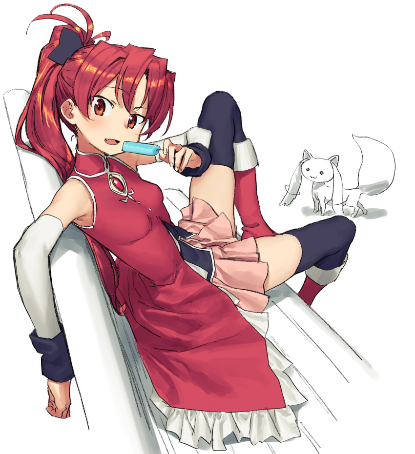 1girl 1other absurdres bare_shoulders bench black_legwear boots bow commentary_request detached_sleeves dress food hair_bow highres ikezawa_shin kyubey long_hair looking_to_the_side magical_girl mahou_shoujo_madoka_magica ponytail popsicle red_dress red_eyes red_hair sakura_kyouko simple_background sitting thighhighs white_background