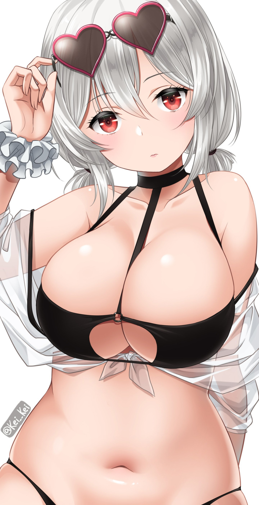 1girl absurdres alternate_costume azur_lane bangs bikini black_bikini breasts choker cleavage collarbone commentary_request eyebrows_visible_through_hair eyewear_on_head frilled_cuffs hair_between_eyes hand_up head_tilt heart heart-shaped_eyewear highres kei_kei large_breasts lips looking_at_viewer navel o-ring o-ring_top red_eyes sheer_clothes short_hair silver_hair simple_background sirius_(midsummer_seirios)_(azur_lane) solo stomach sunglasses swimsuit twitter_username white_background wrist_cuffs