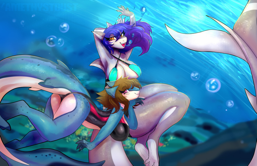 amethystdust anthro bikini breasts clothed clothing duo female fish looking_at_viewer marine one-piece_swimsuit shark smile sport_swimsuit swimwear thick_thighs underwater water