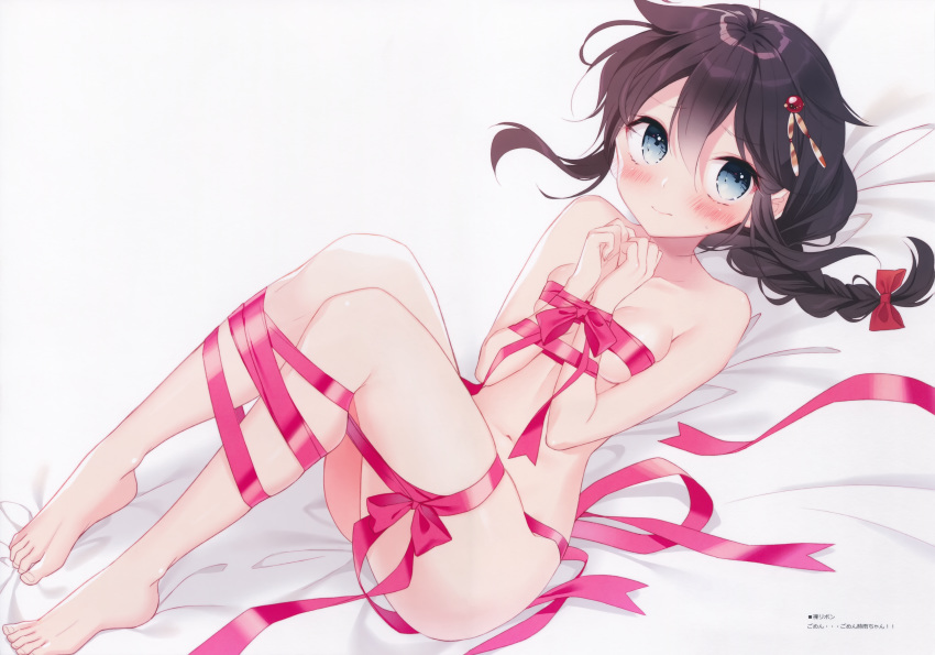 1girl absurdres bangs bare_arms bare_legs bare_shoulders barefoot bed bed_sheet blush bow braid breasts brown_hair closed_mouth eyebrows_visible_through_hair full_body hair_ornament hands_together highres huge_filesize kantai_collection lips long_hair lying medium_breasts naked_ribbon naoto_(tulip) navel on_back red_bow ribbon scan shigure_(kantai_collection) sidelocks simple_background single_braid solo stomach thighs tied_hair toes