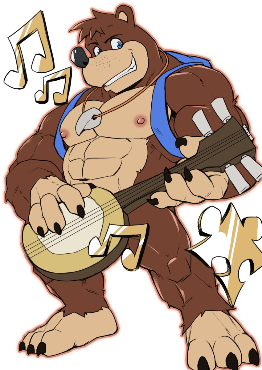 abs anthro banjo banjo-kazooie banjo_(banjo-kazooie) blue_eyes grin hi_res jewelry male mammal muscular muscular_male musical_instrument musical_note necklace nude otukimi otukimi0808 pecs puzzle_piece rareware smile ursid video_games