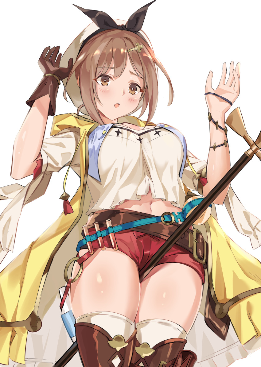 absurdres atelier_(series) atelier_ryza belt brown_eyes brown_hair hair_ornament hairclip hat highres midriff monyu_(monyupop) navel red_shorts reisalin_stout short_shorts shorts thighhighs thighs