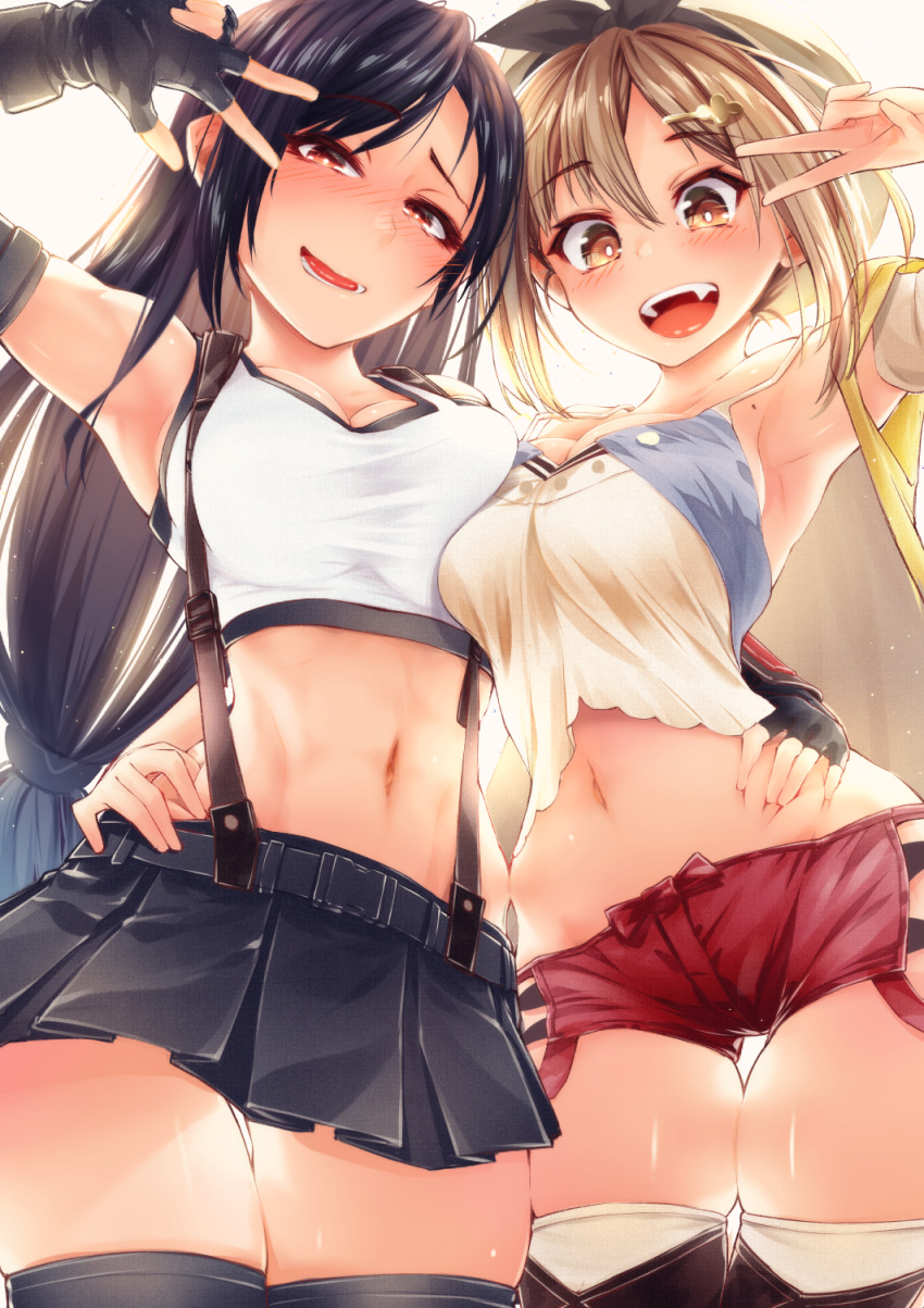 1girl 2girls abs arm_around_waist asymmetrical_docking atelier_(series) atelier_ryza black_hair black_skirt blush breast_press breasts brown_eyes brown_hair cleavage cluseller crop_top crossover elbow_gloves fang final_fantasy final_fantasy_vii_remake fingerless_gloves gloves hair_ornament hairclip highres long_hair looking_at_viewer low-tied_long_hair midriff miniskirt multiple_girls navel open_mouth pleated_skirt red_shorts reisalin_stout short_hair short_shorts shorts skindentation skirt smile stomach tank_top thighhighs thighs tifa_lockhart toned undershirt v v_over_eye