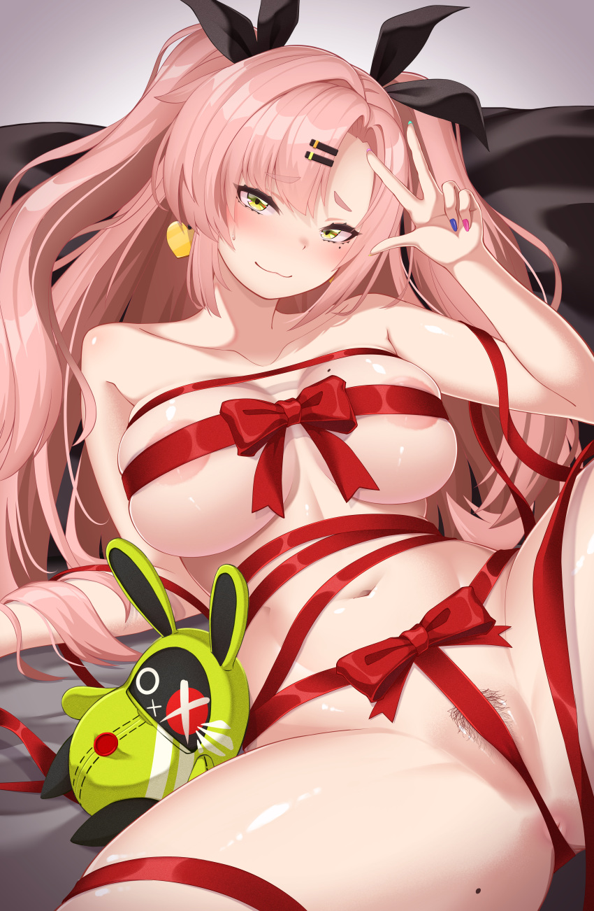 1girl absurdres amillion_(zenless_zone_zero) amu_(takuya0331) anus anus_peek aqua_nails areola_slip bangboo_(zenless_zone_zero) black_pubic_hair black_ribbon blue_nails blush breasts closed_mouth collarbone commentary_request earrings female_pubic_hair fingernails green_eyes green_nails hair_ribbon heart heart_earrings highres jewelry large_breasts long_hair looking_at_viewer mismatched_pubic_hair mole mole_on_breast mole_on_thigh mole_under_eye multicolored_nails nail_polish naked_ribbon navel nicole_demara nude pink_hair pink_nails pubic_hair pubic_hair_peek red_ribbon ribbon shiny_skin smile solo stomach thighs two_side_up w zenless_zone_zero