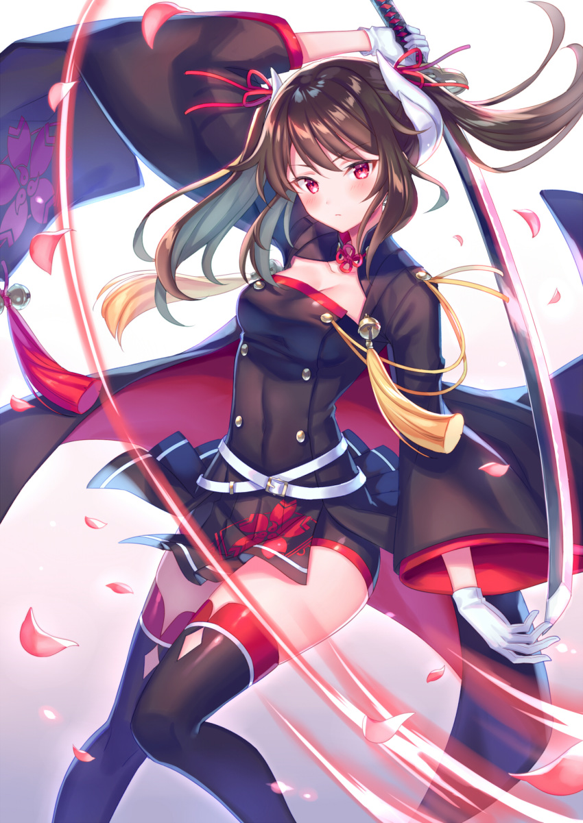 1girl azur_lane bell black_dress black_legwear blush breasts brown_hair cleavage covered_navel cowboy_shot dress eyebrows_visible_through_hair floral_print gloves gradient gradient_background grey_background hair_ornament hair_ribbon haruna_(azur_lane) highres horn_ornament katana long_hair looking_at_viewer medium_breasts panties panty_peek petals red_eyes red_legwear ribbon short_dress simple_background solo sword tassel taut_clothes thighhighs thighs twintails two-tone_legwear underwear weapon white_background white_gloves white_panties wide_sleeves wind zettai_ryouiki zoff_(daria)