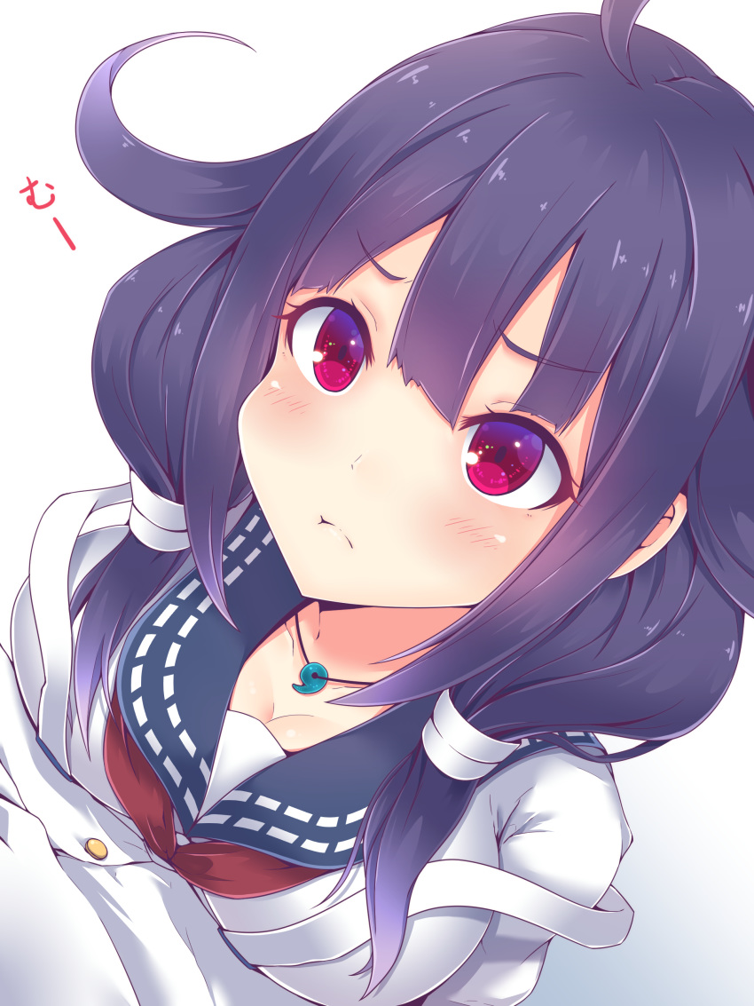 1girl :t absurdres ahoge apron bangs blush breast_press breasts cleavage closed_mouth commentary_request eyebrows_visible_through_hair hair_between_eyes hair_flaps highres jewelry kantai_collection large_breasts long_hair looking_at_viewer low_twintails neckerchief necklace pout purple_hair red_eyes school_uniform serafuku simple_background standing taigei_(kantai_collection) twinameless twintails upper_body v-shaped_eyebrows whale white_background