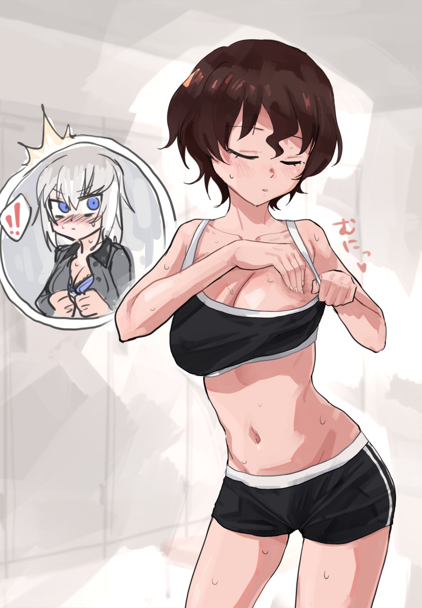 ! !! :o adjusting_clothes akaboshi_koume black_shorts black_sports_bra blue_bra blush bra breasts brown_hair cleavage closed_eyes commentary constricted_pupils double_vertical_stripe dressing girls_und_panzer grey_shirt groin gym_shorts heart highres indoors inset itsumi_erika kuromorimine_school_uniform large_breasts leaning_forward locker locker_room looking_at_another medium_breasts navel open_clothes open_shirt opened_by_self parted_lips school_uniform shirt short_hair short_shorts shorts spoken_exclamation_mark sports_bra standing sweat toku_(yhpv8752) translated underwear undressing wavy_hair