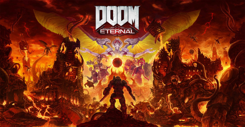 arm_blade copyright_name demon doom:_eternal doom_(game) doomguy epic gun hell highres manly official_art power_armor shotgun solo_focus weapon