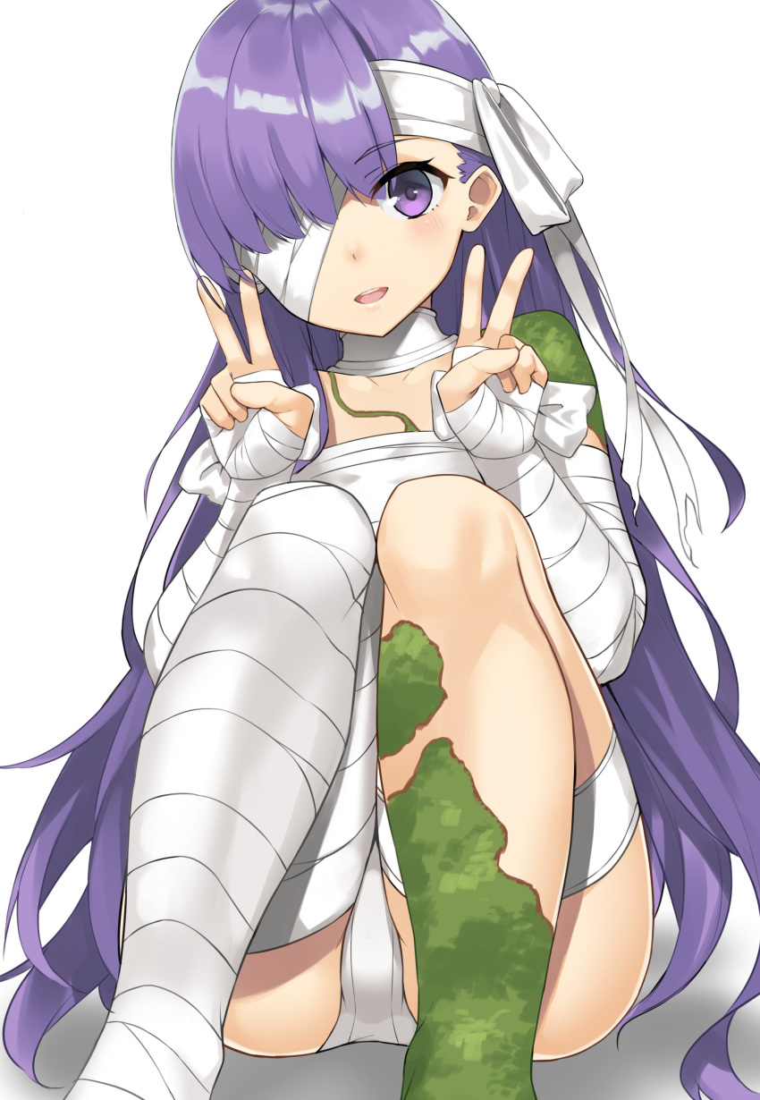 1girl :d absurdres bandage_on_face bandage_over_one_eye bandaged_arm bandaged_leg bandages bangs double_v eyebrows_visible_through_hair fate/grand_order fate_(series) highres kingprotea long_hair moss open_mouth phano_(125042) purple_eyes purple_hair sarashi sitting smile solo v very_long_hair white_background