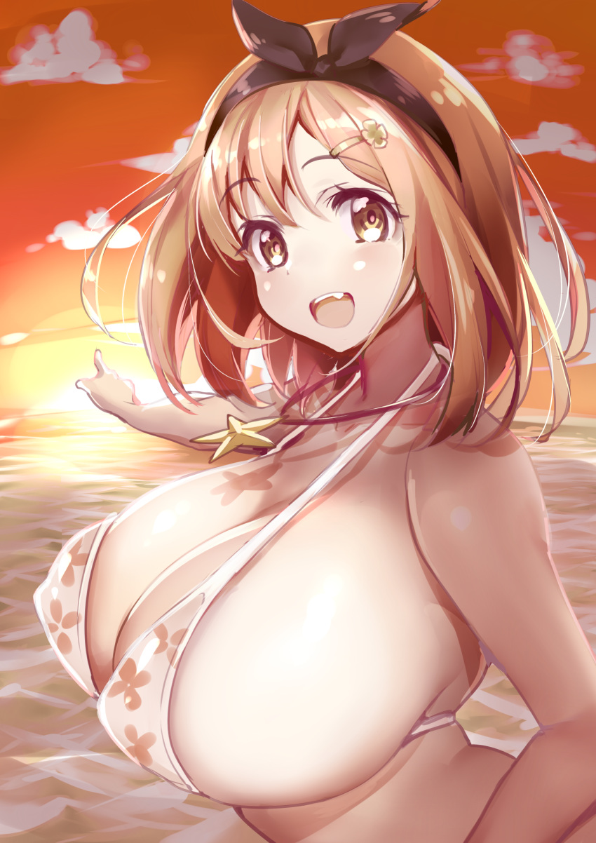 1girl atelier_(series) atelier_ryza bikini breasts brown_eyes brown_hair cleavage commentary commentary_request covered_nipples fang flower_bikini hair_ornament hairband hairclip highres huge_bow jewelry long_hair looking_at_viewer metk necklace pointing reisalin_stout short_hair sideboob smile solo sun swimsuit white_bikini