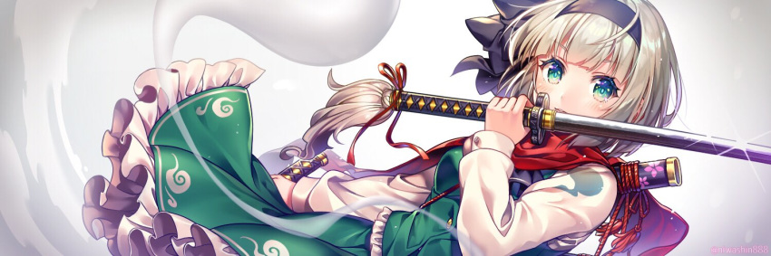 1girl bangs black_hairband black_ribbon blush breasts commentary_request dual_wielding eyebrows_visible_through_hair floral_print frills gradient gradient_background green_eyes green_skirt green_vest grey_background hair_ribbon hairband hitodama holding holding_sword holding_weapon katana konpaku_youmu konpaku_youmu_(ghost) long_sleeves looking_at_viewer medium_breasts niwashi_(yuyu) parted_lips petticoat red_ribbon red_scarf ribbon scabbard scarf sheath shirt short_hair silver_hair skirt skirt_set solo sword touhou upper_body vest weapon white_shirt