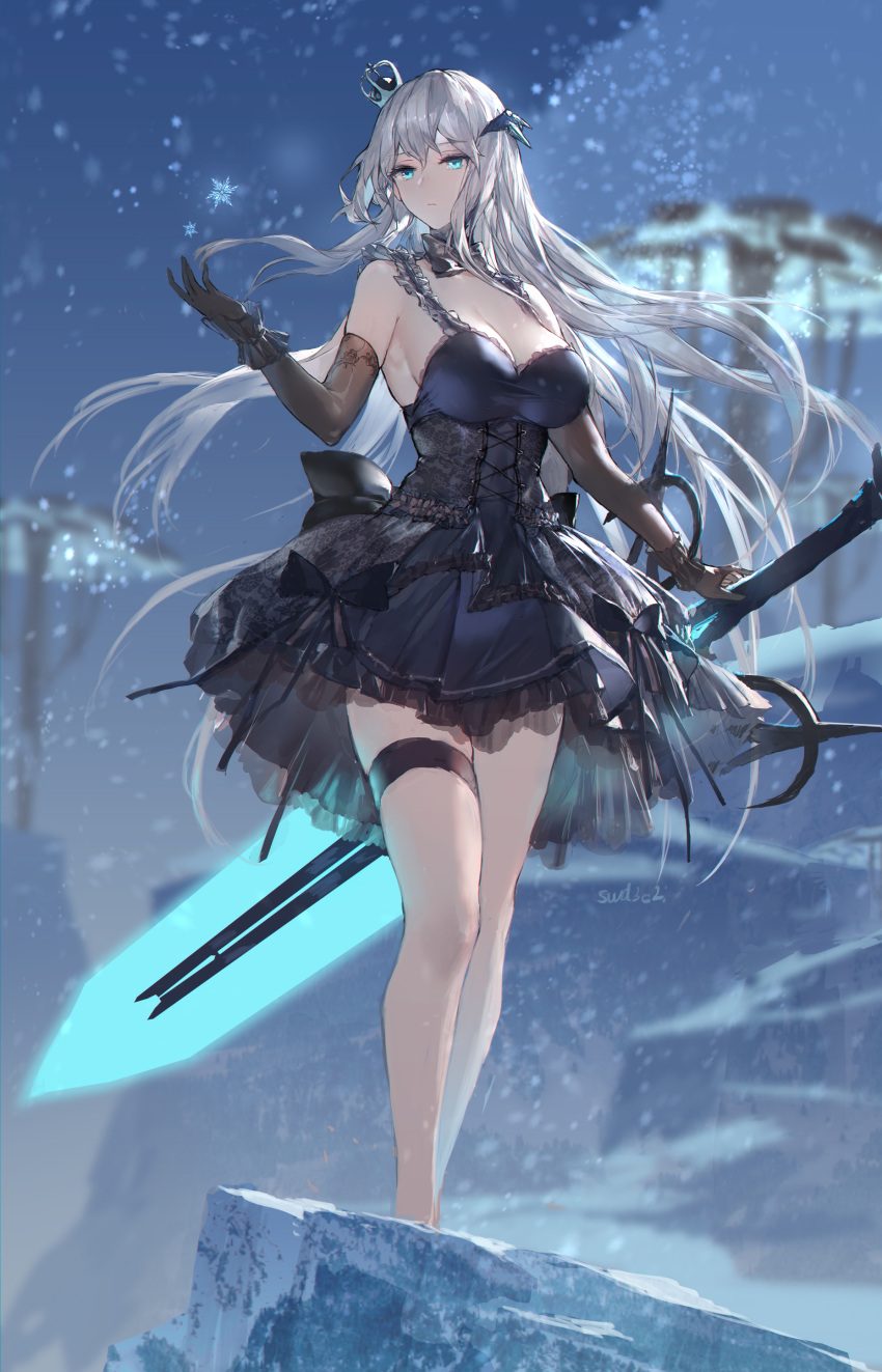 1girl absurdres bare_shoulders black_gloves blue_eyes breasts cleavage corset crown dress elbow_gloves frilled_straps gloves glowing glowing_weapon hair_ornament highres holding holding_weapon ice large_breasts long_hair mini_crown original outdoors pale_skin silver_hair snowflakes standing swd3e2 sword thigh_strap thighs weapon