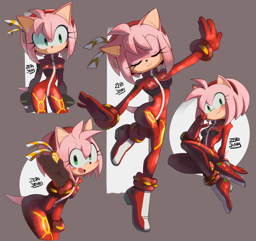 2019 amy_rose anthro blush bodysuit clothed clothing cosplay crossover eulipotyphlan female green_eyes grey_background hair hedgehog hi_res legwear looking_at_viewer mammal neon_genesis_evangelion short_hair signature simple_background skinsuit sonic_(series) tight_clothing zer097